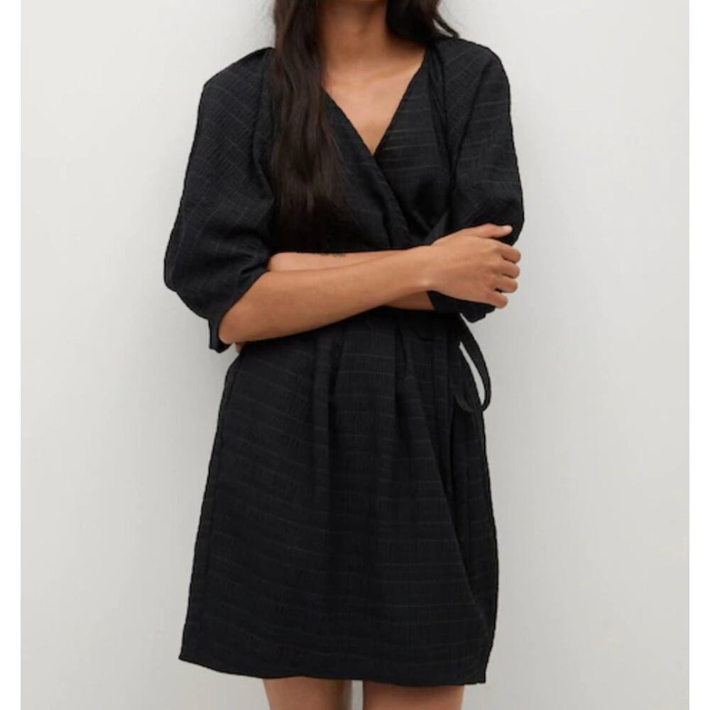Mango MNG Black Puffed Sleeves Straight V-neck Wrap Short Mini Dress, size 4